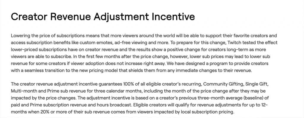 twitch revenue adjustment incentive period