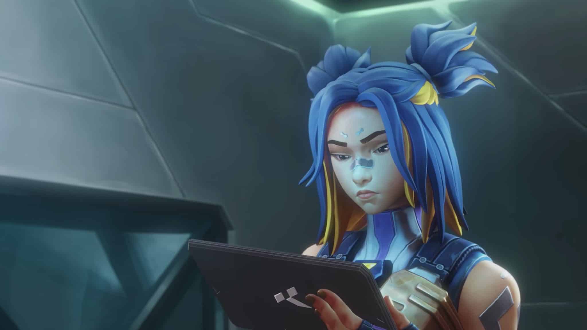 valorant agent neon looks at a tablet
