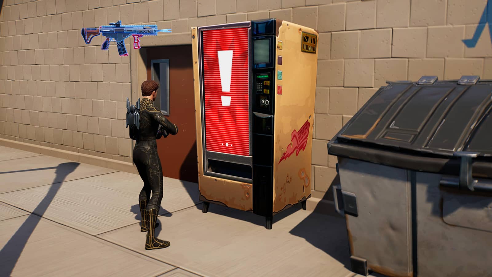 Spider-Man using a Malfunctioning Vending Machine location in Fortnite
