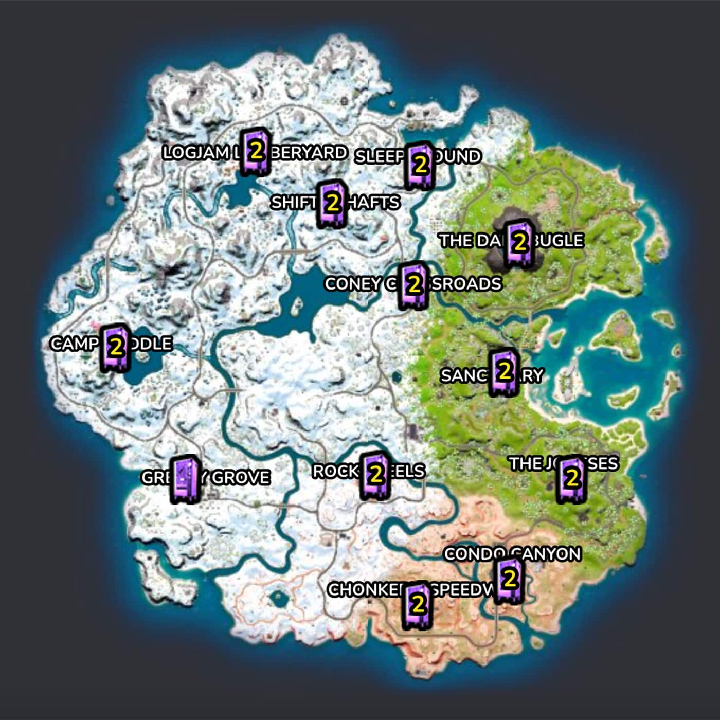 A map showing the Malfunctioning Vending MAchine locations in Fortnite Chapter 3