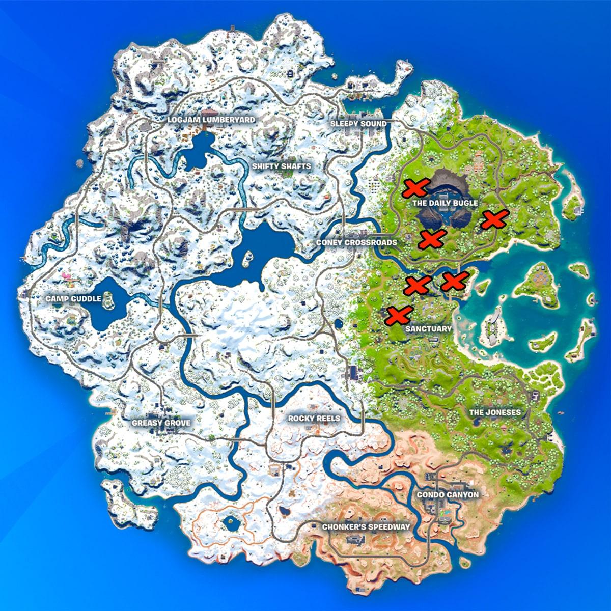 Tall Grass locations marked on the Fortnite Chapter 3 map