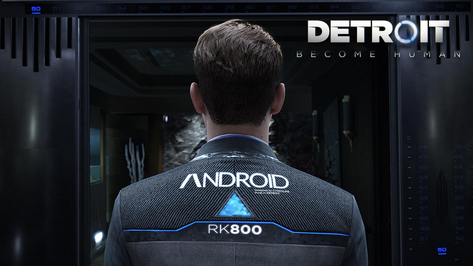 detroit become human male android with logo on jacket with back to camera