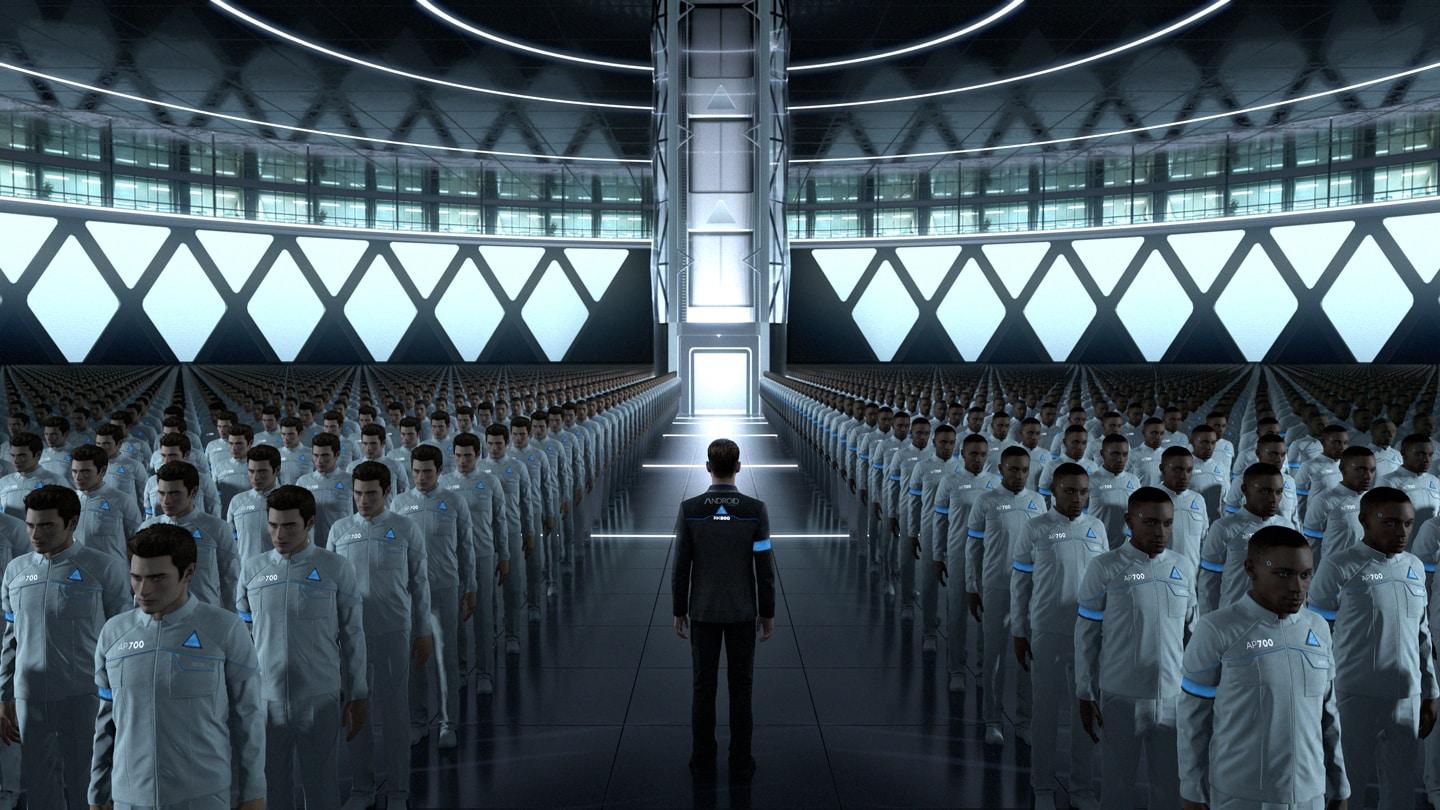 Detroit Become Human androids lined up wearing white as man in black walks down the middle