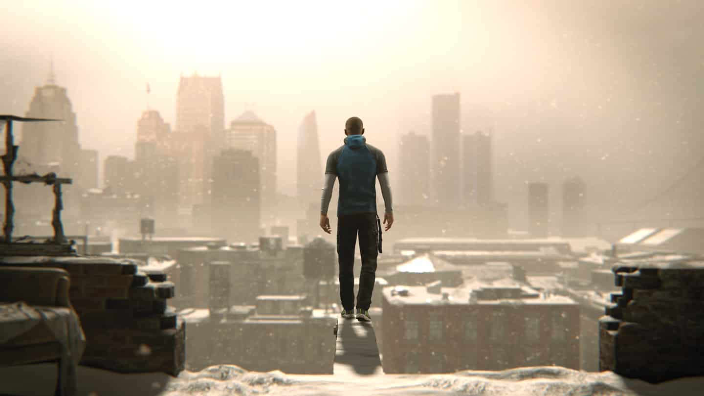 detroit become human man stands on plank overlooking city