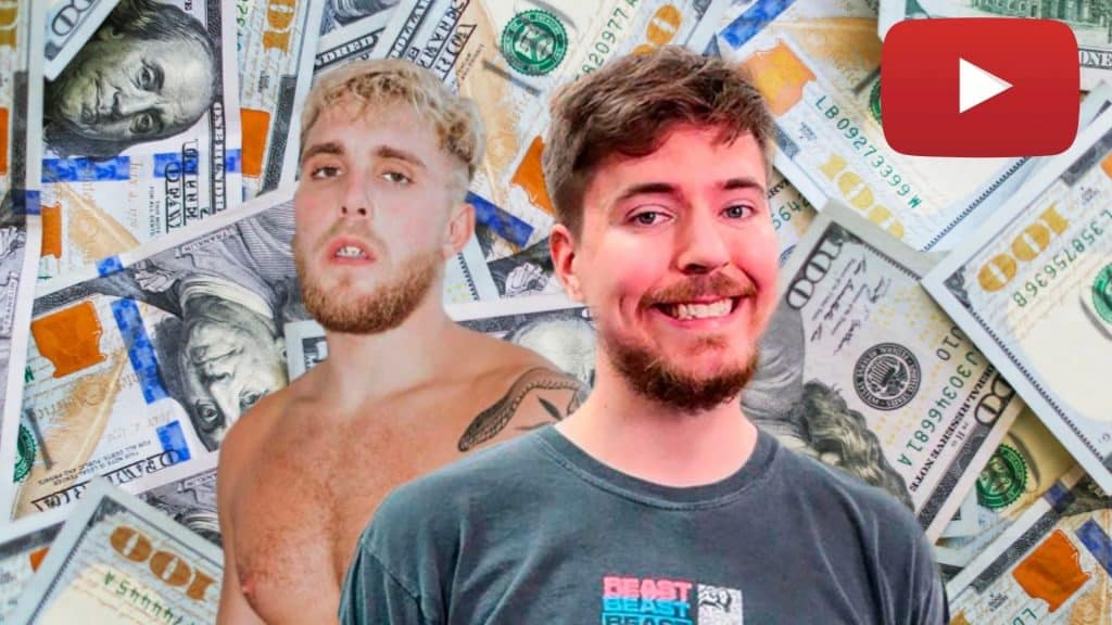 Jake Paul and Mr Beast with money and YouTube logo