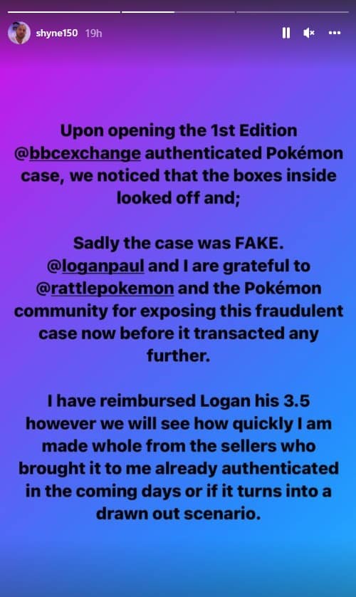 shyne150's response about logan pauls fake pokemon cards
