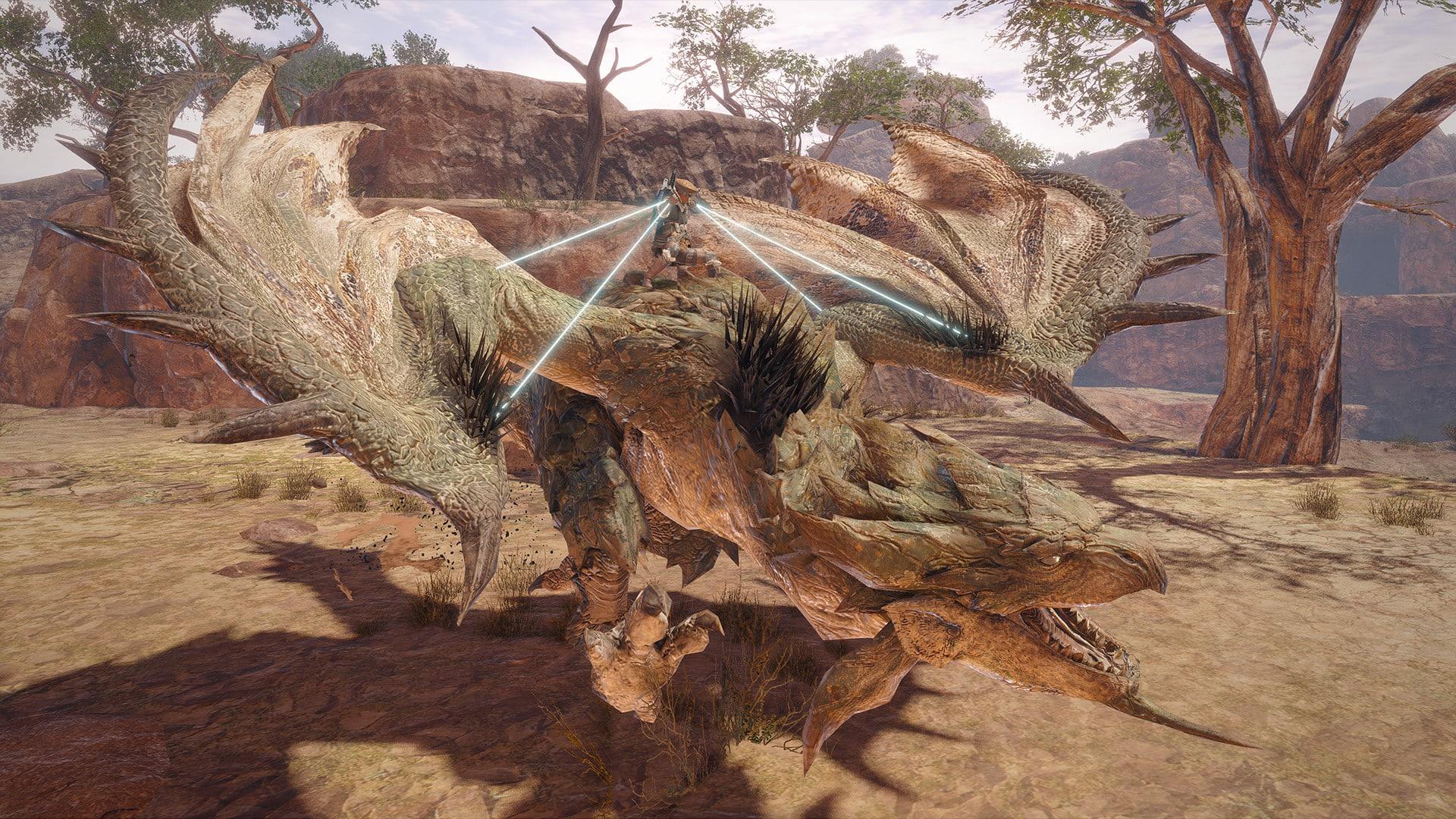Monster Hunter Rise screenshot showing a player mounting a monster