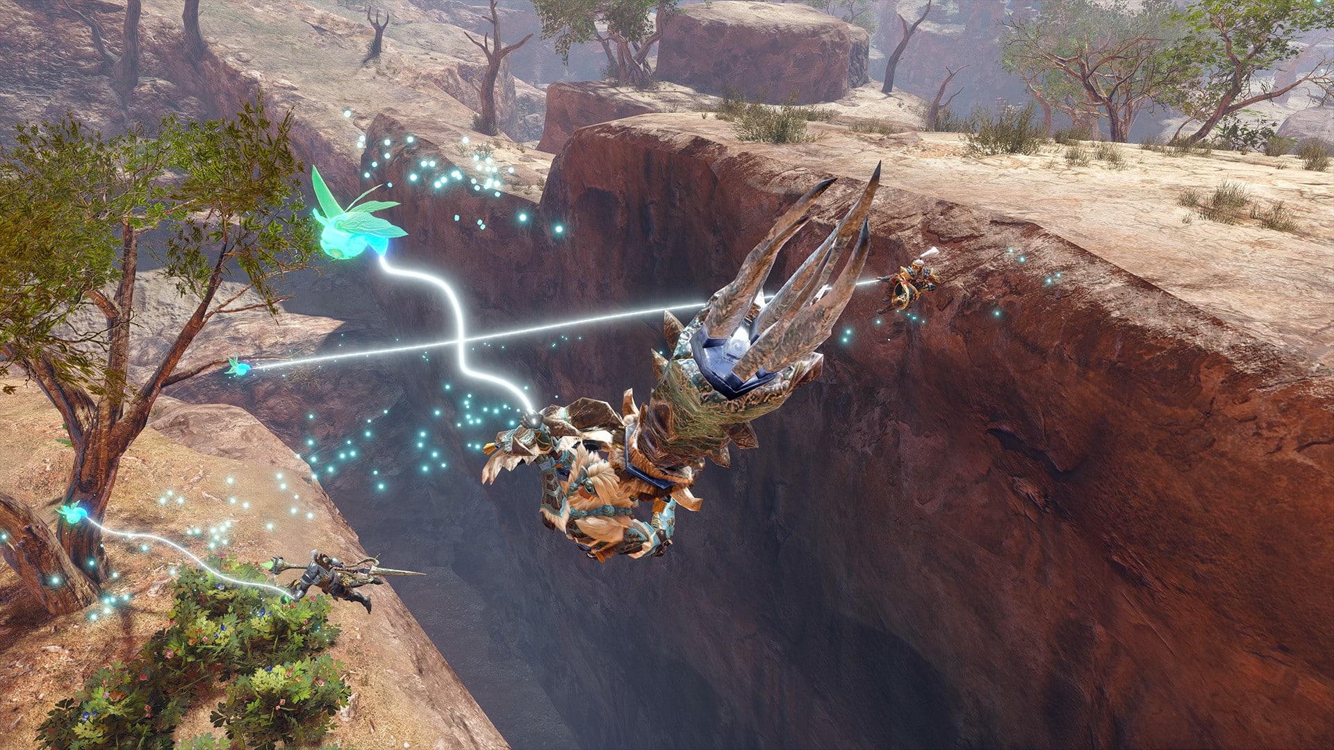 Monster Hunter Rise screenshot showing traversal with a Wirebug