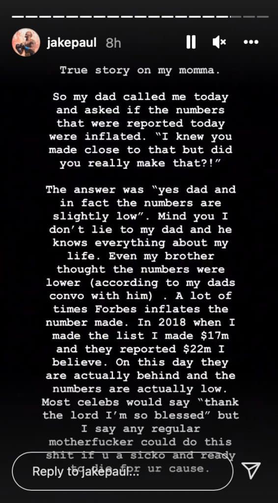 White text on Jake Paul's Instagram story
