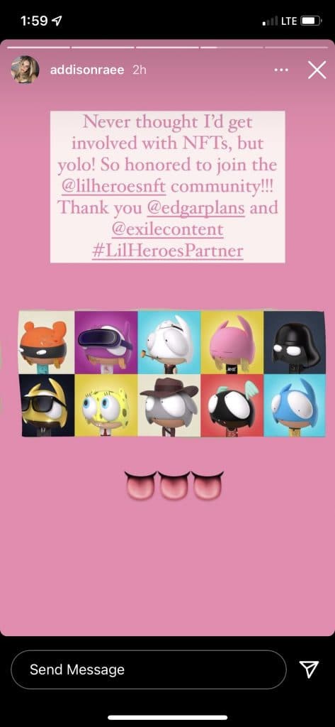 Addison Rae shows Lil Heroes NFT on Instagram story