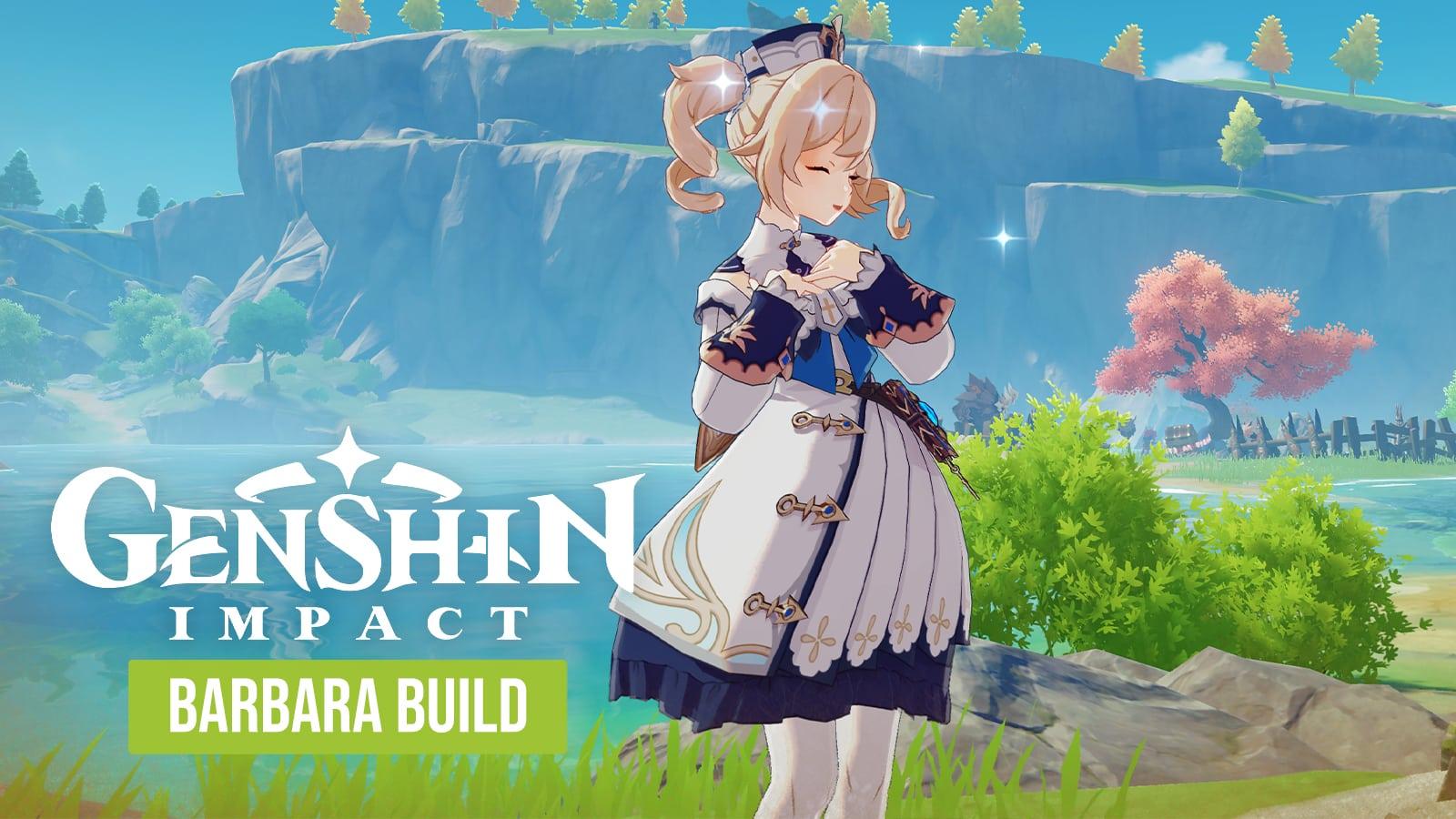 Barbara standing by a river in Teyvat with the Genshin Impact logo and build in text
