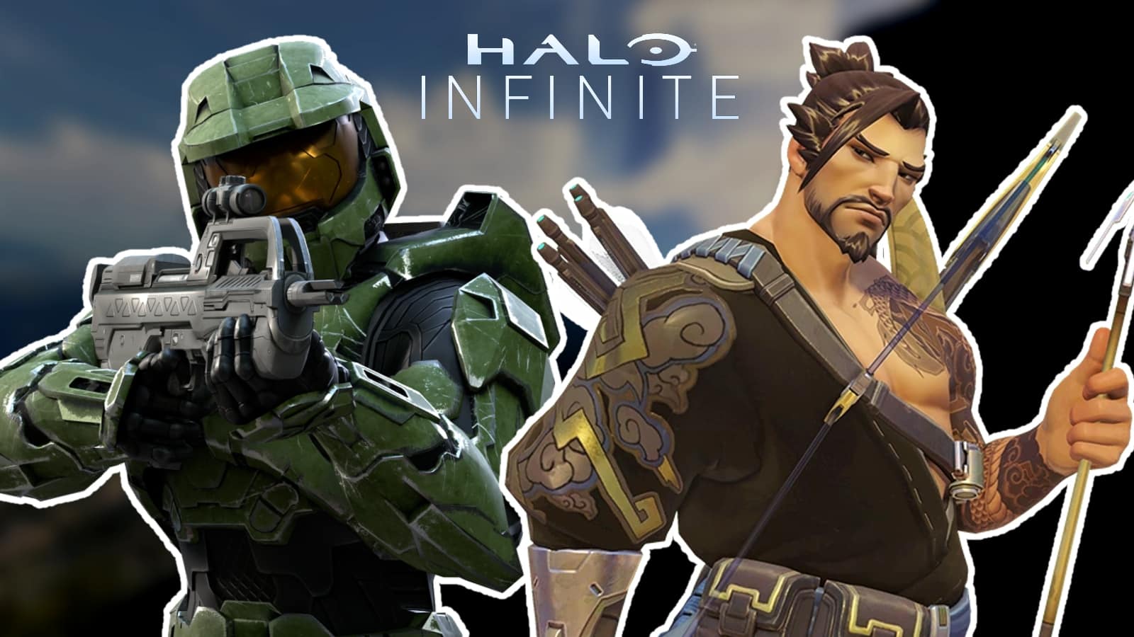 master chief and hanzo on halo background with Halo Infinite logo
