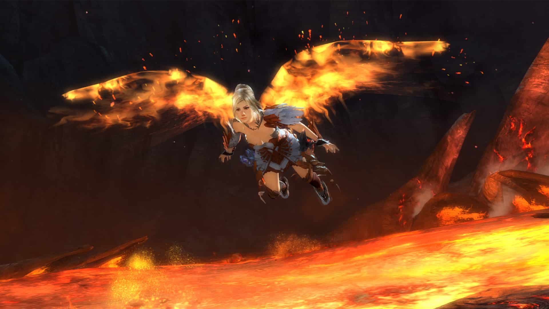 guild wars 2 character glides over volcano with firey wings