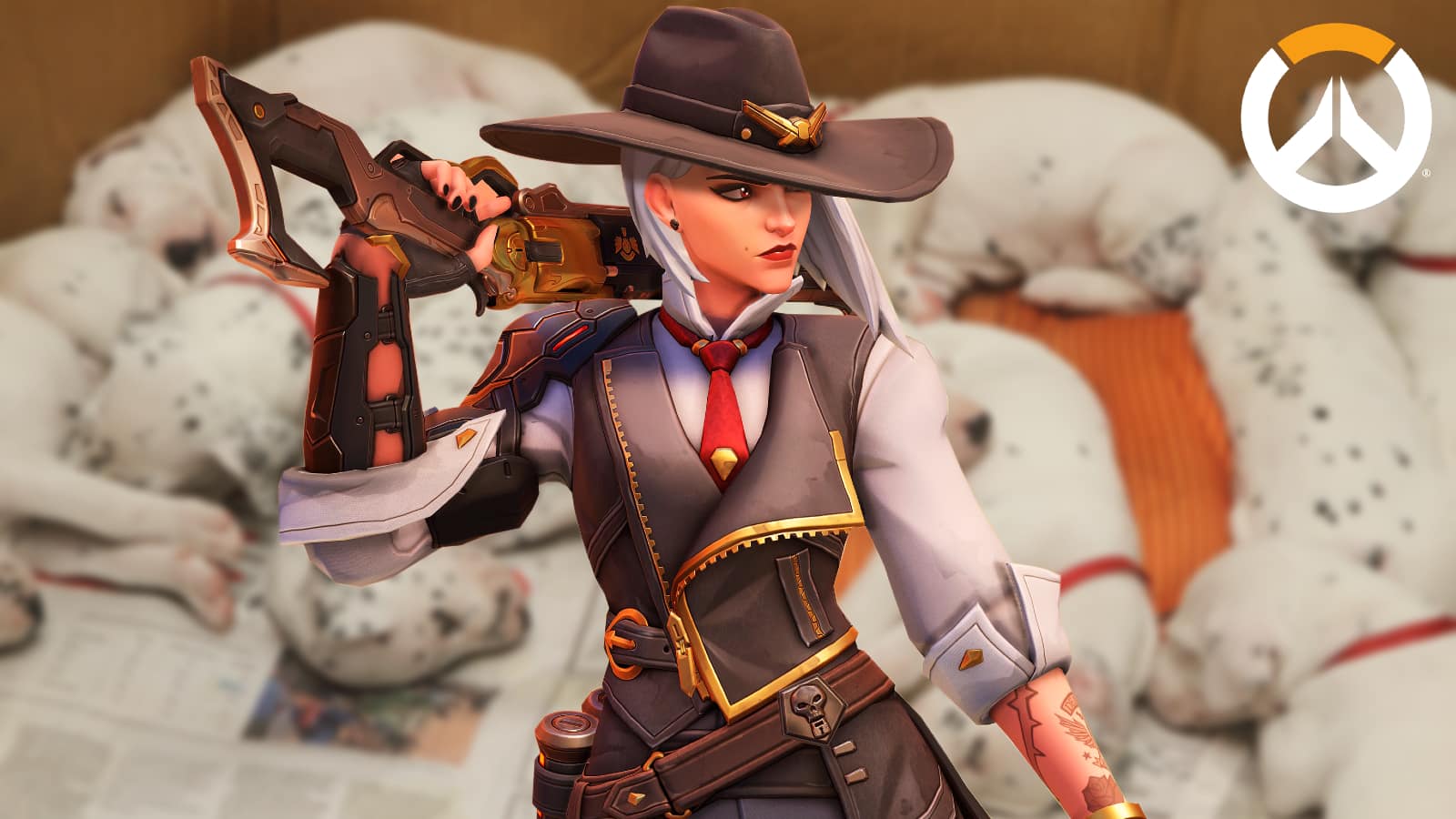 Overwatch Ashe stands against a background of Dalmatian puppies