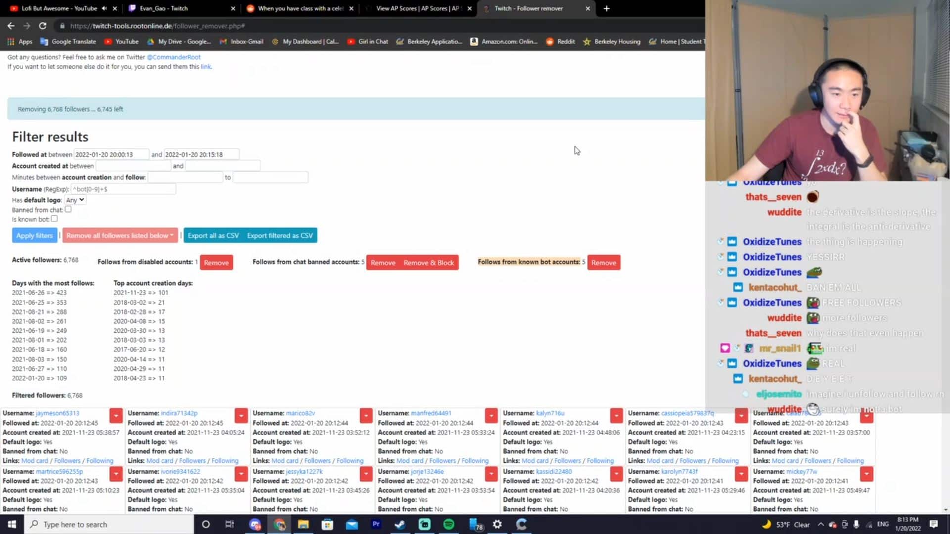 Evan Gao purging all twitch followers with commanderroot bot