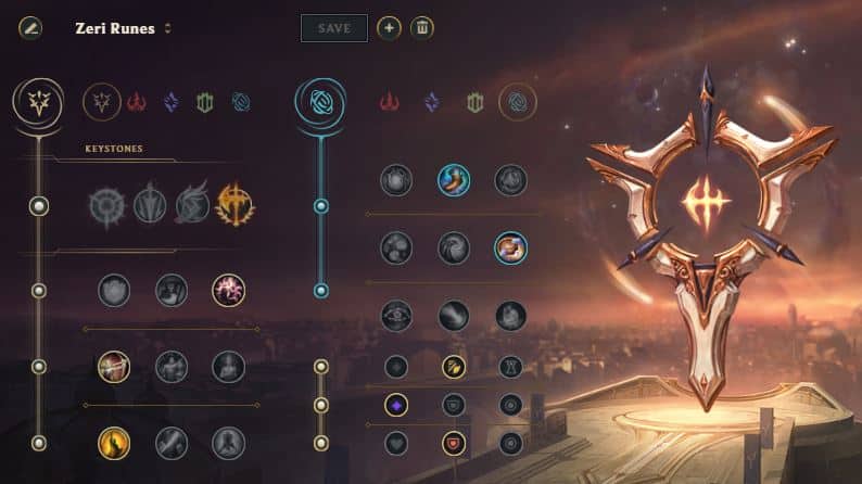 Example LoL rune page for Zeri with Conqueror keystone