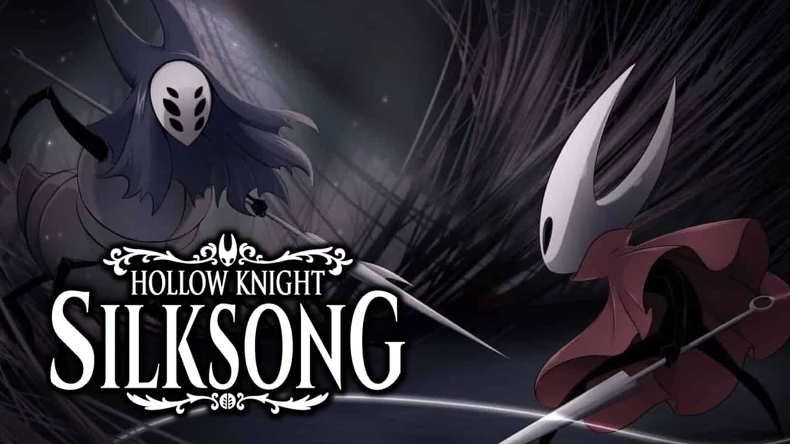 An image of Hornet and another character, with the Hollow Knight Silksong logo