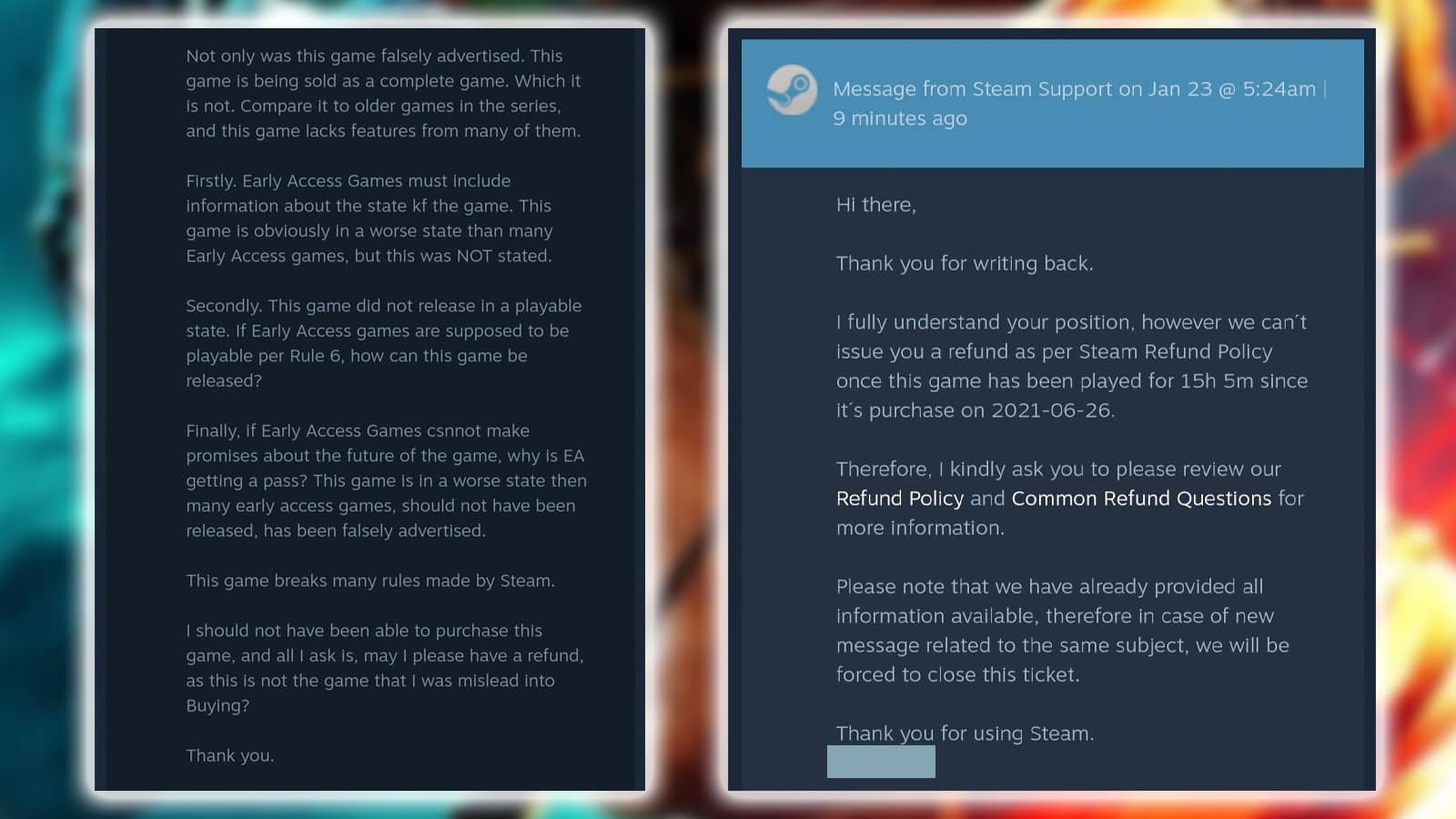 An image of a steam refund reply for battlefield 2042.
