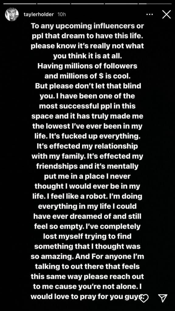 White text on a black background on Tayler Holder's Instagram story