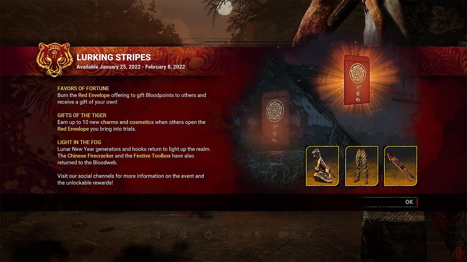 An image that shows information about the Lurking Stripes Lunar New Year event in Dead by Daylight
