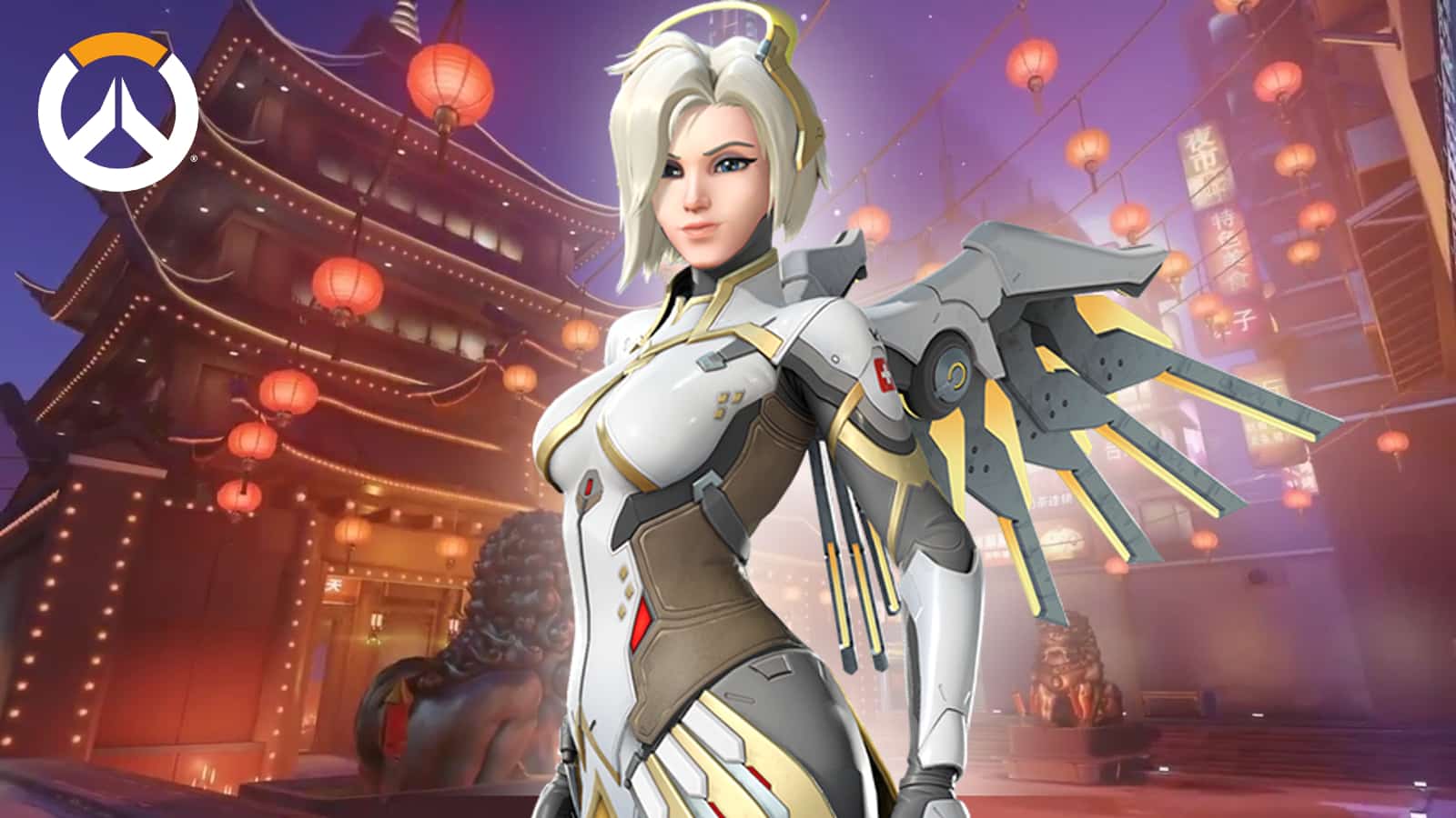 overwatch 2 mercy stands on lunar new year lijiang tower background