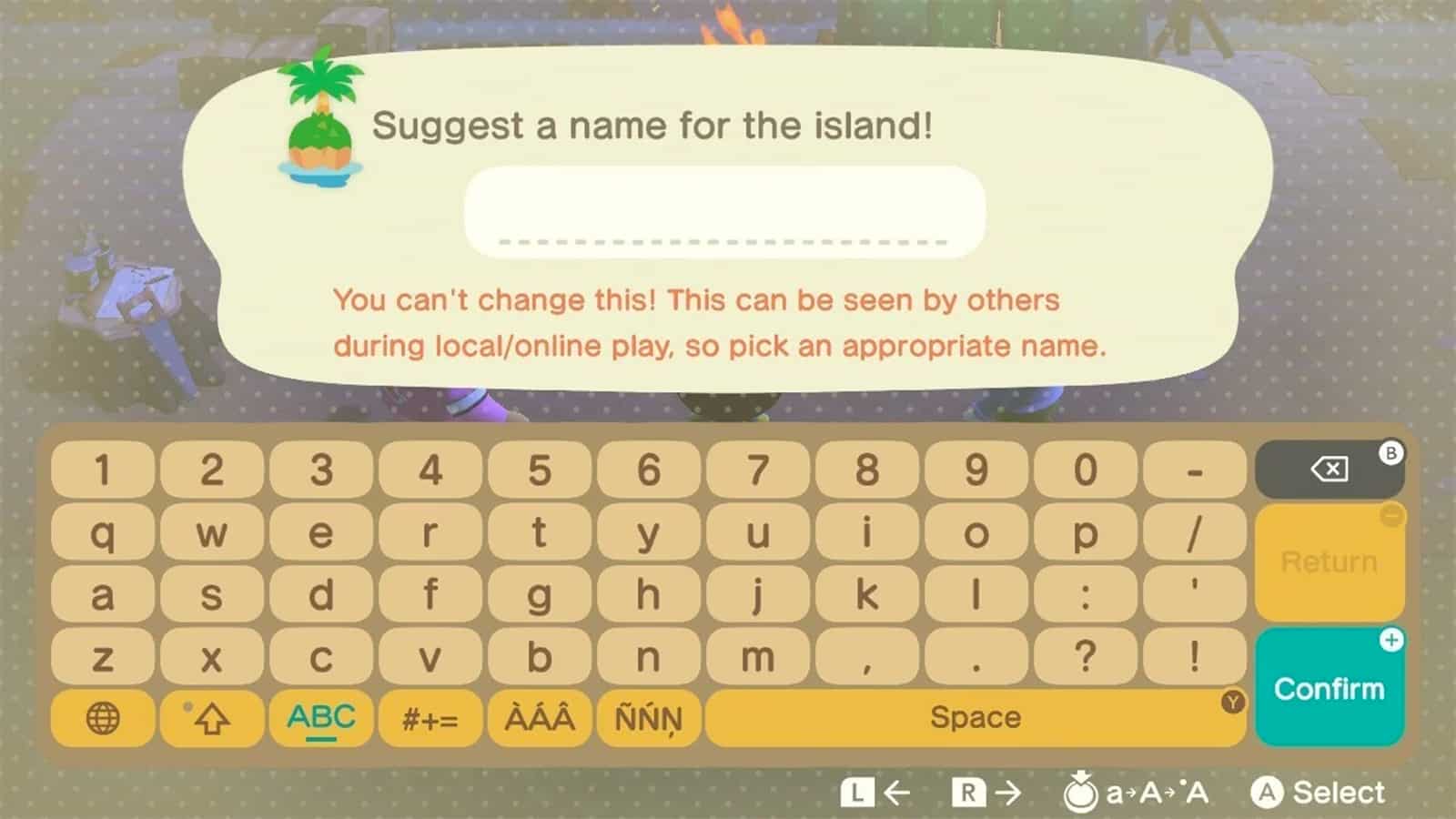 The island name selection screen in Animal Crossing New Horizons