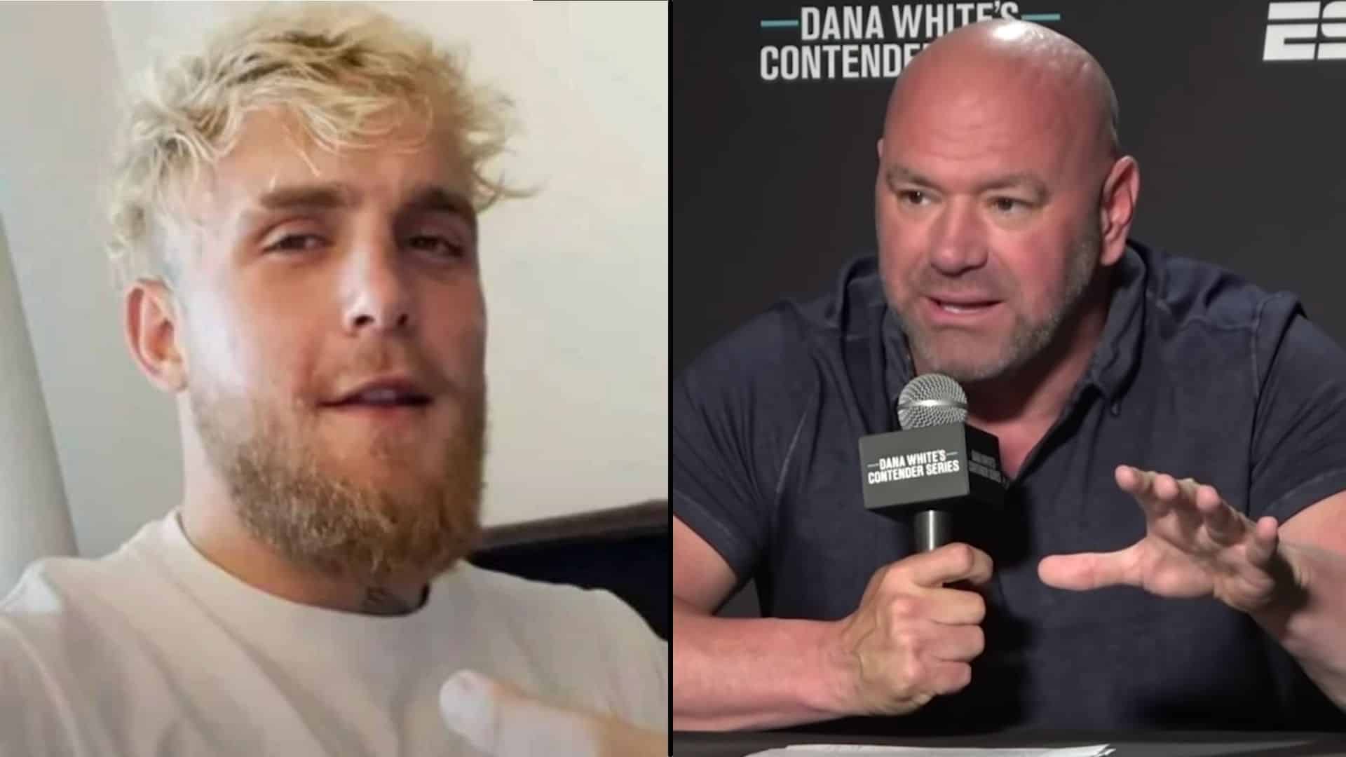 Jake Paul and Dana White side-by-side talking to cameras