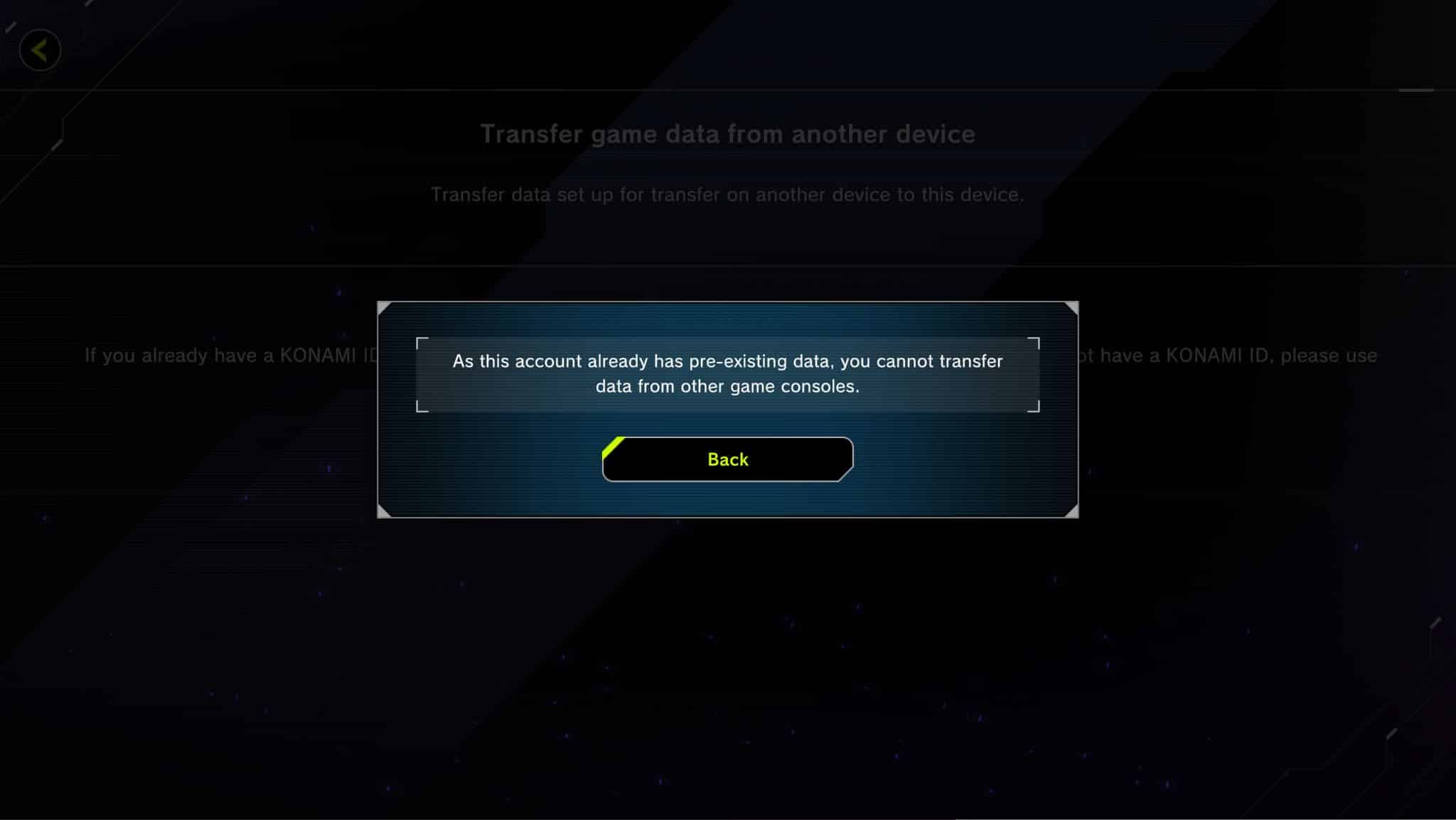 Yu-Gi-Oh Master Duel screenshot showing the "this account has pre-existing data" error message