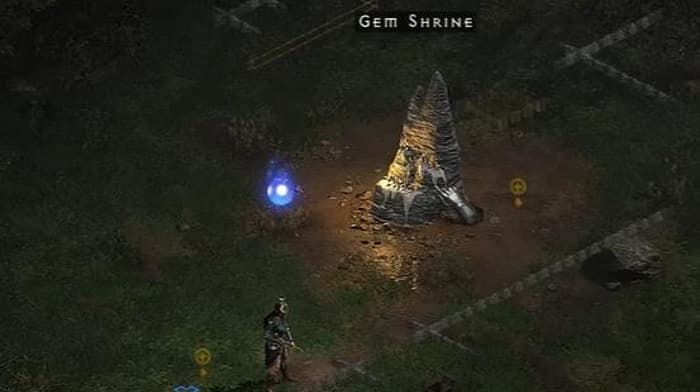 Diablo 2 Resurrected character approaches a gem shrine