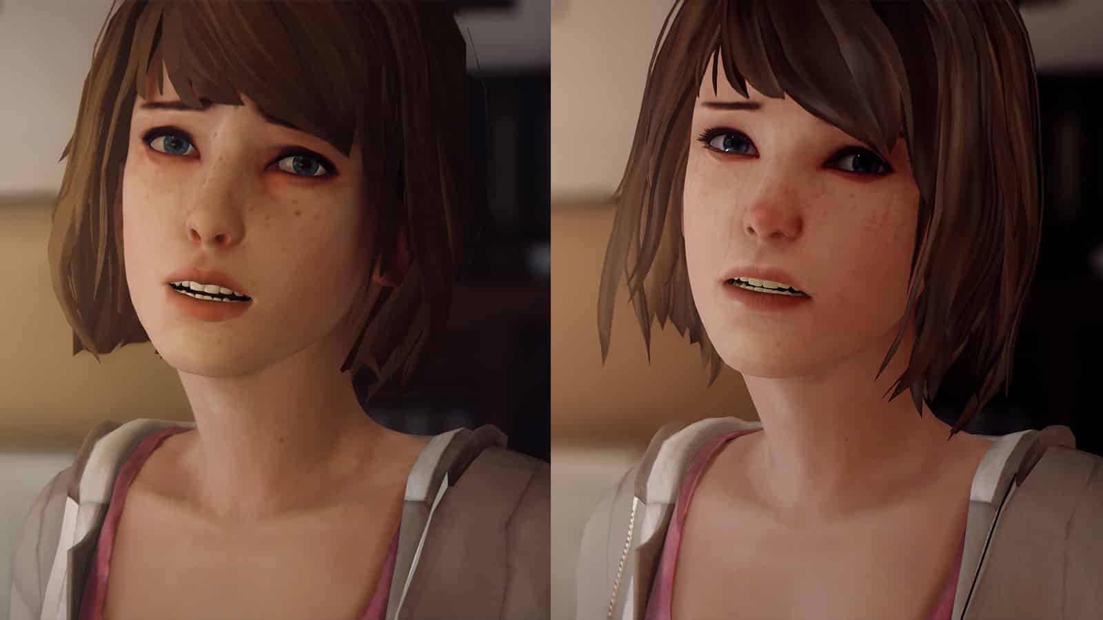 A screenshot of a graphics comparison of Max's appearance in Life is Strange Remastered alongside the original