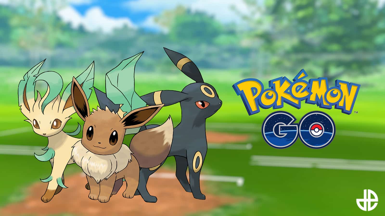 Eevee and its evolutions Umbreon and Leafeon with the Pokemon Go logo