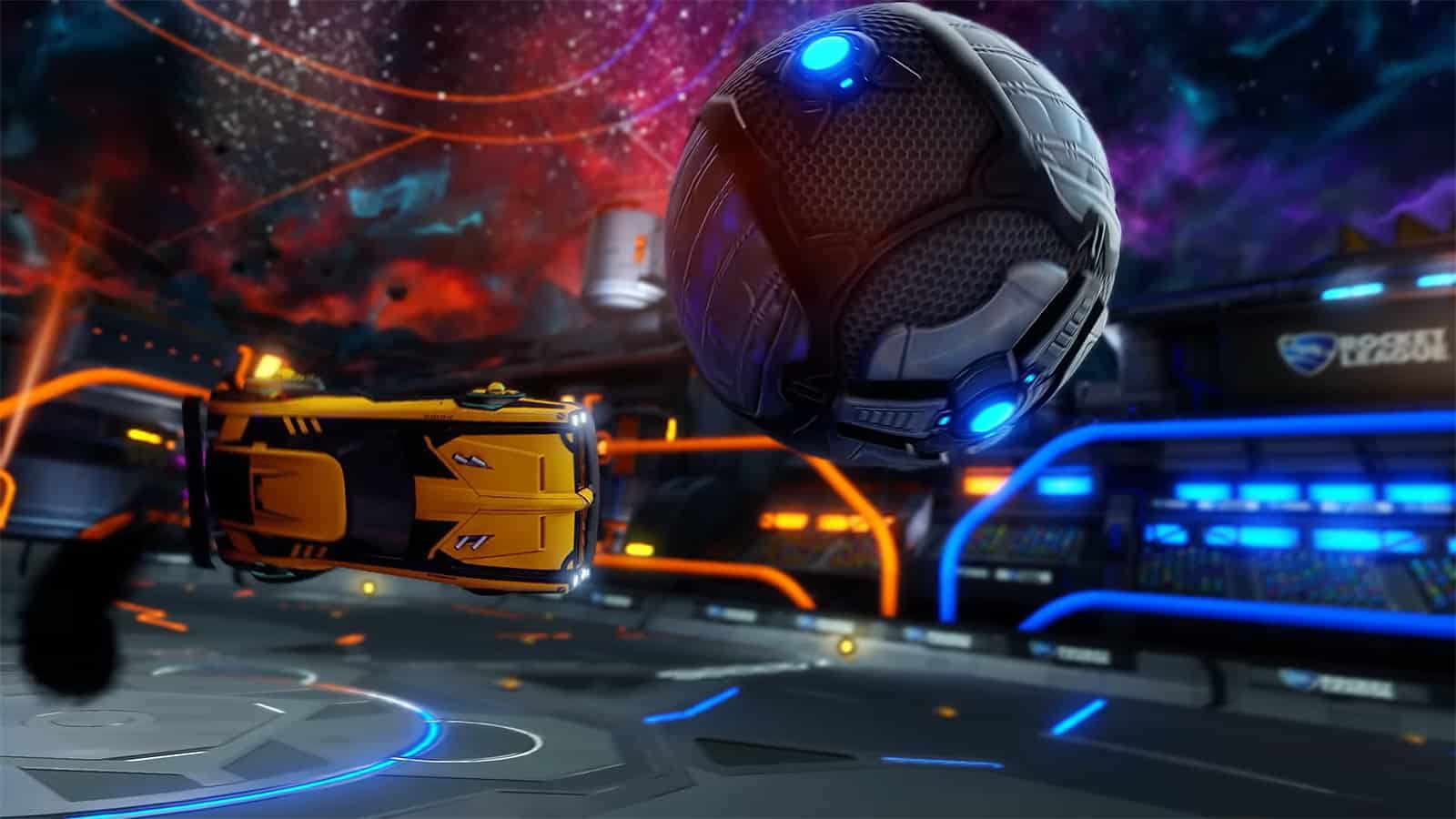 An image of a car hitting a ball towards a goal in Rocket League