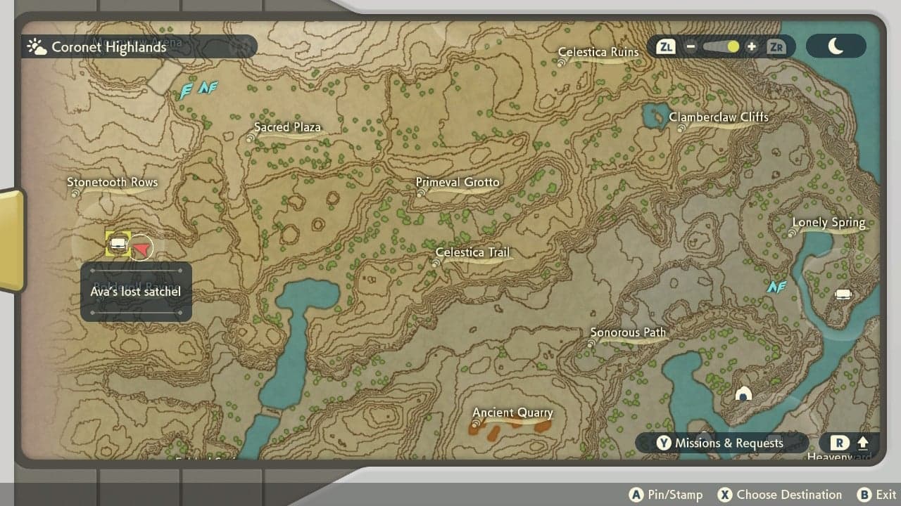 Pokemon Legends Arceus lost satchel map location screenshot.
