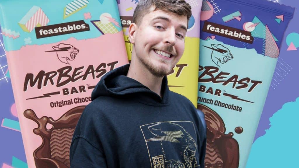 MrBeast in front of Feastables chocolate bars