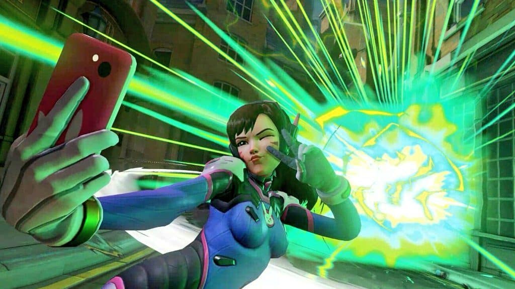 overwatch d.va uses self destruct ultimate while posing for a selfie