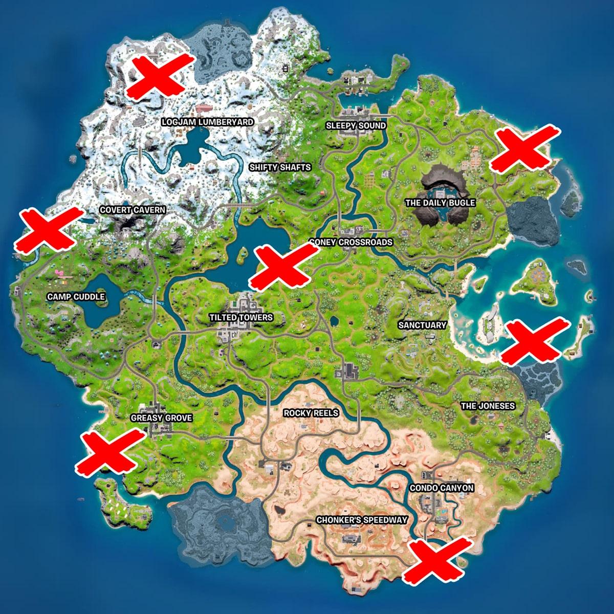 Seven Outpost and Vault locations marked on the Fortnite map