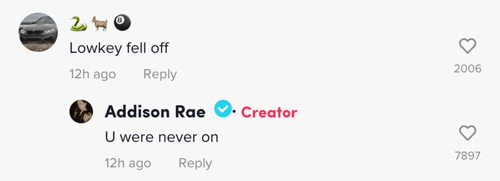 Addison Rae replying to a TikTok comment