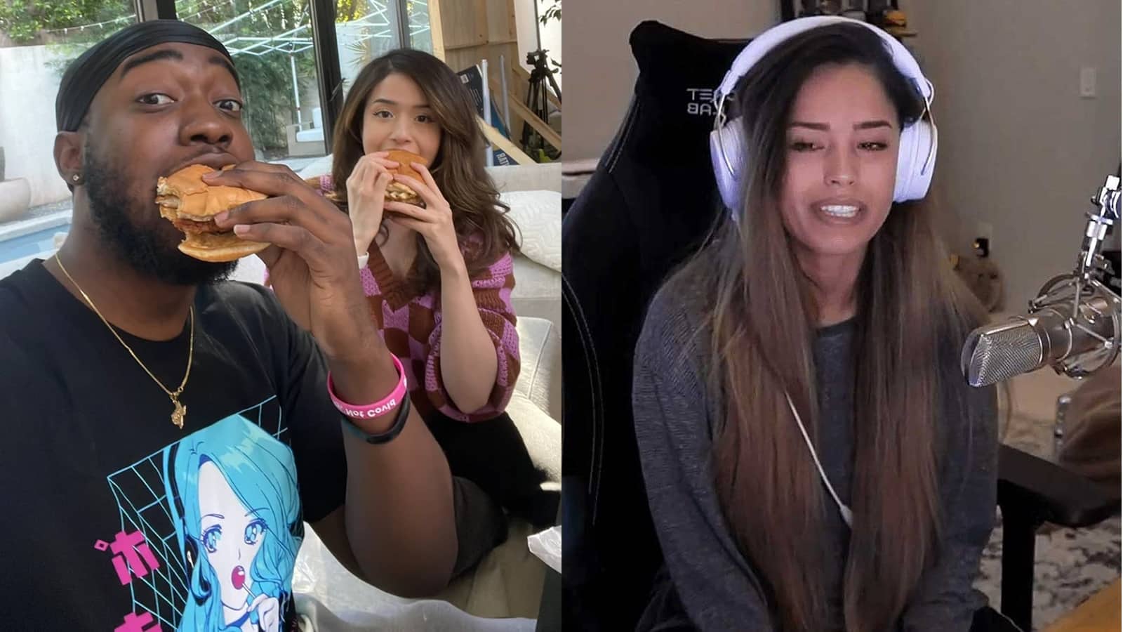 Pokimane and Jidion eating burgers on one side, with Valkyrae streaming on the other