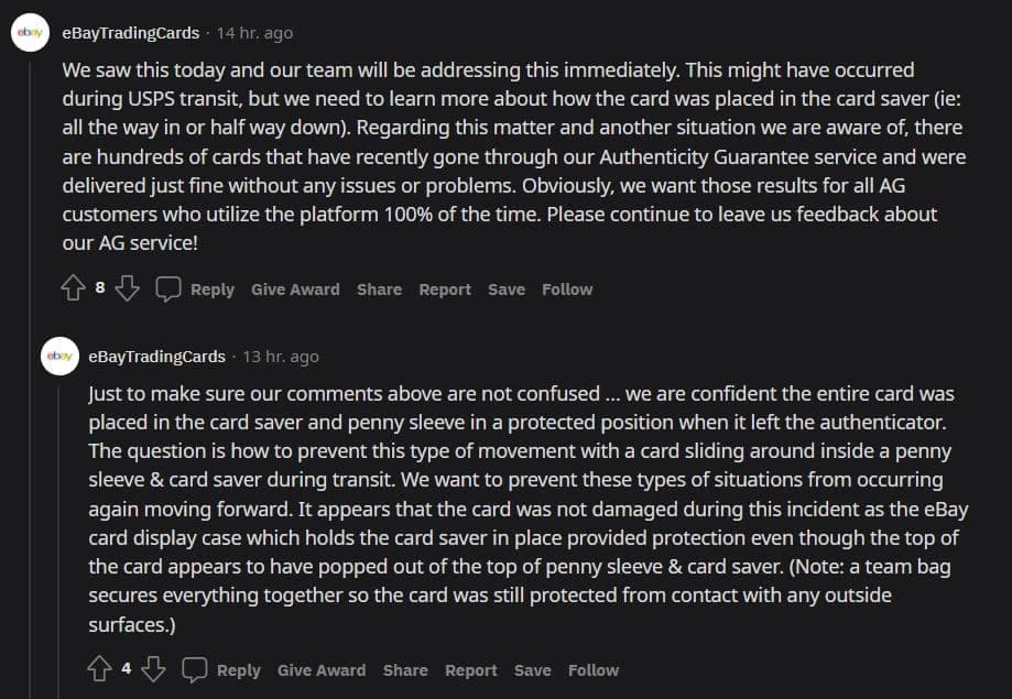 A eBay rep responds to Pokemon fans concerns on Reddit screenshot.