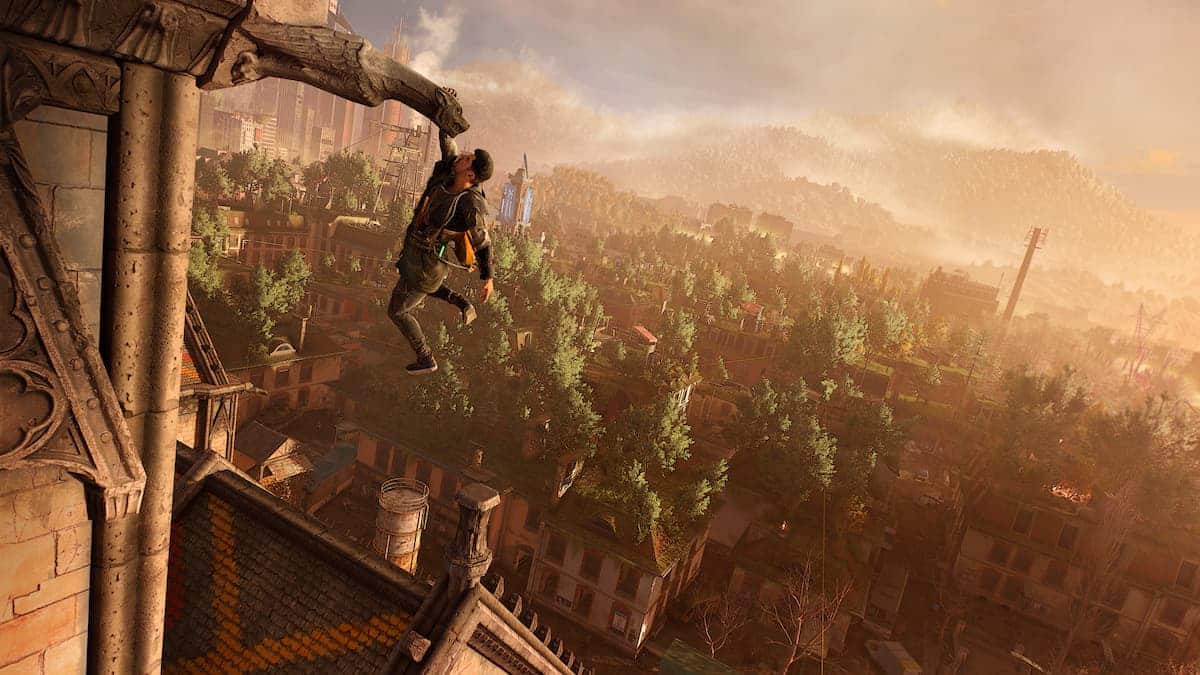 hakon hangs from ledge above the city