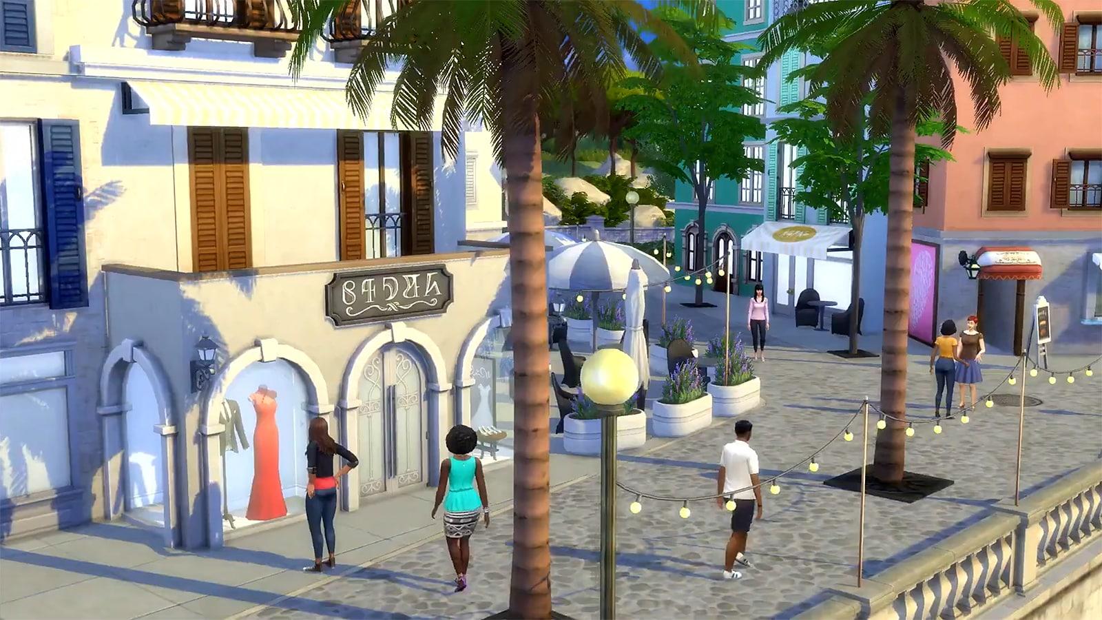 A profaned with shops in The Sims 4's new world, Tartosa