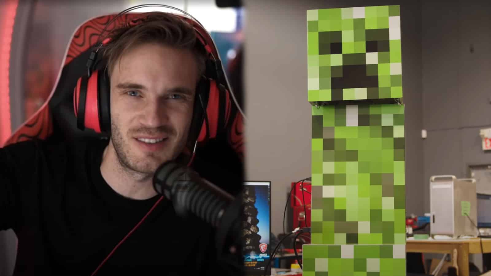 YouTuber PewDiePie next to Linus Tech Tips Minecraft Creeper PC.