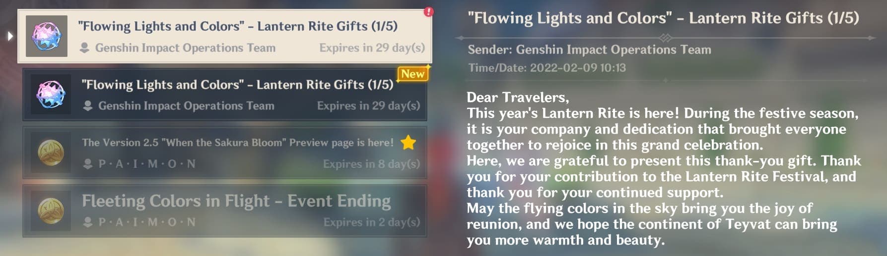 Genshin Impact in-game mail during Lantern Rite event with extra log-in reward.