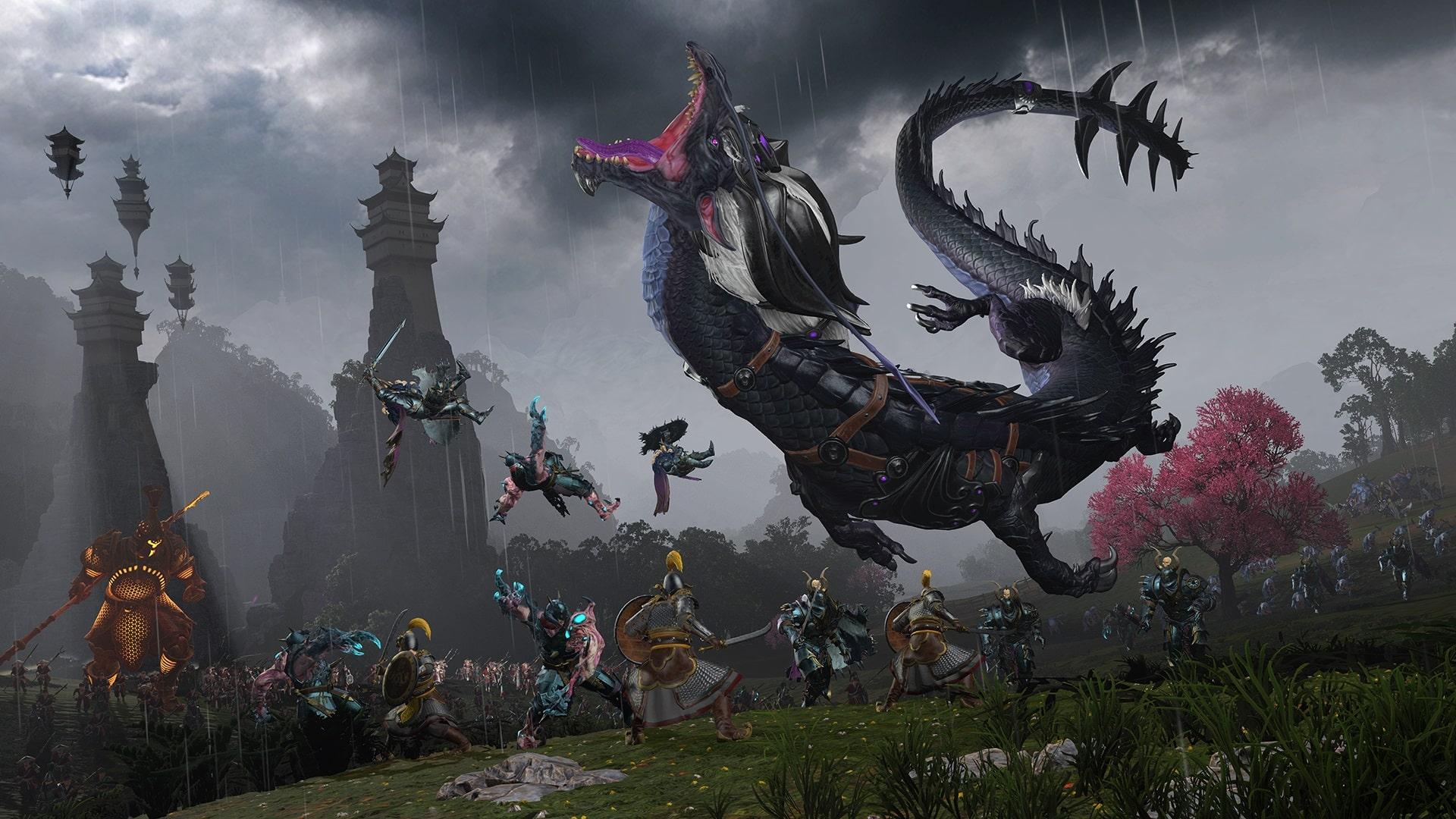 Total War Warhammer 3 screenshot showing a huge Grand Cathay dragon