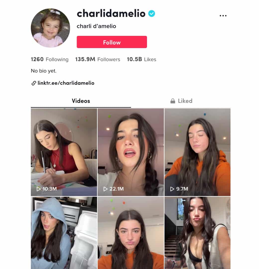 Charli D'Amelio account on tiktok