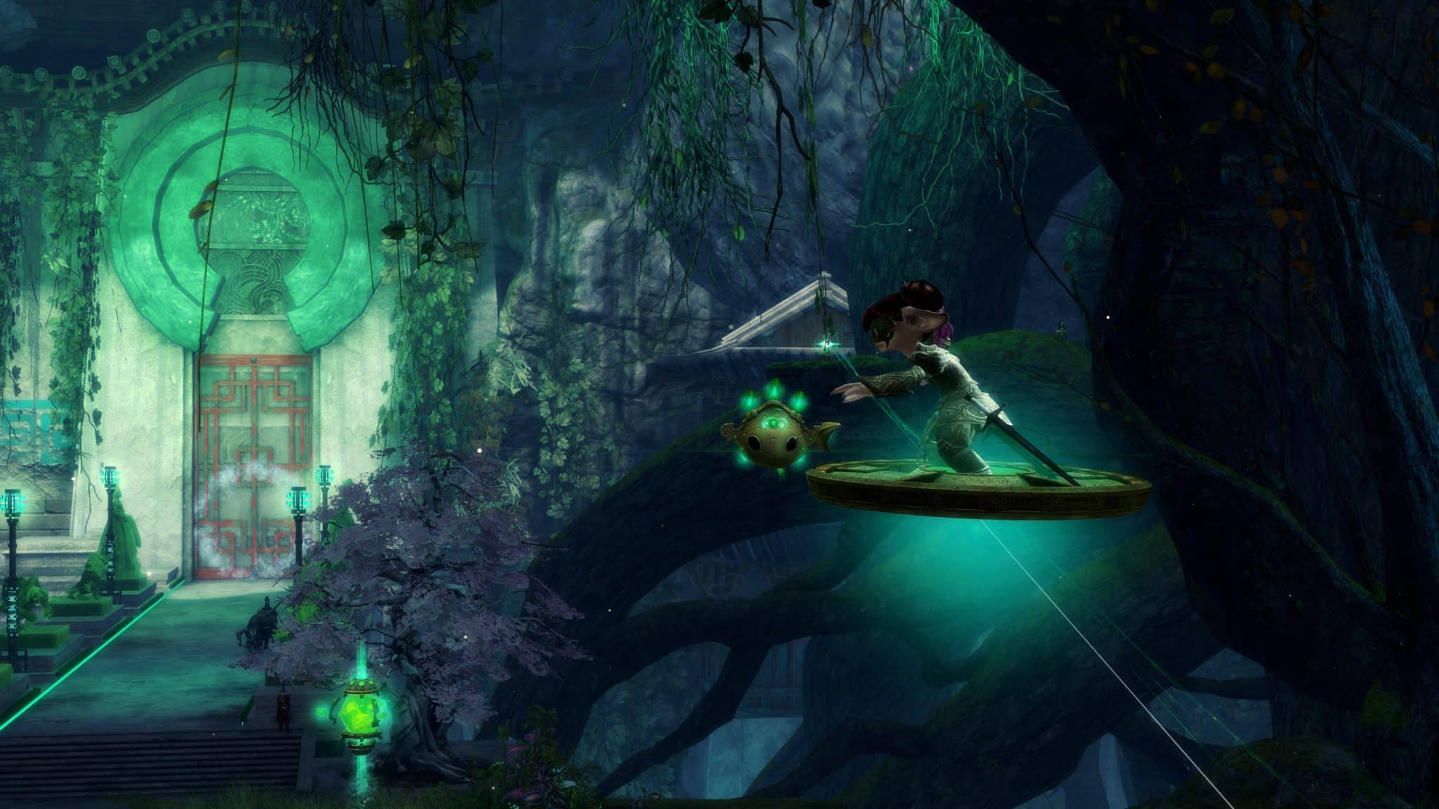 guild wars 2 character with jade bot in new kaineng city on a zip wire