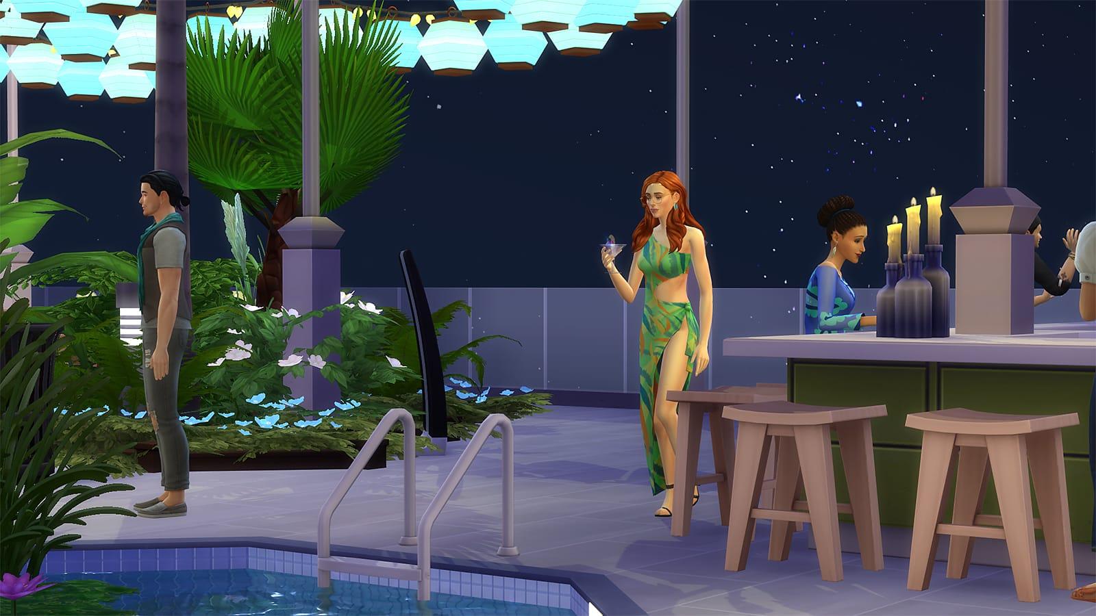 Sims on a rooftop bar