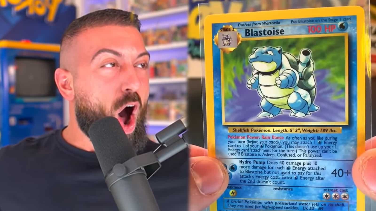 Pokemon YouTuber PokeRev shocked next to rare Base Set Blastoise Pokemon Card.
