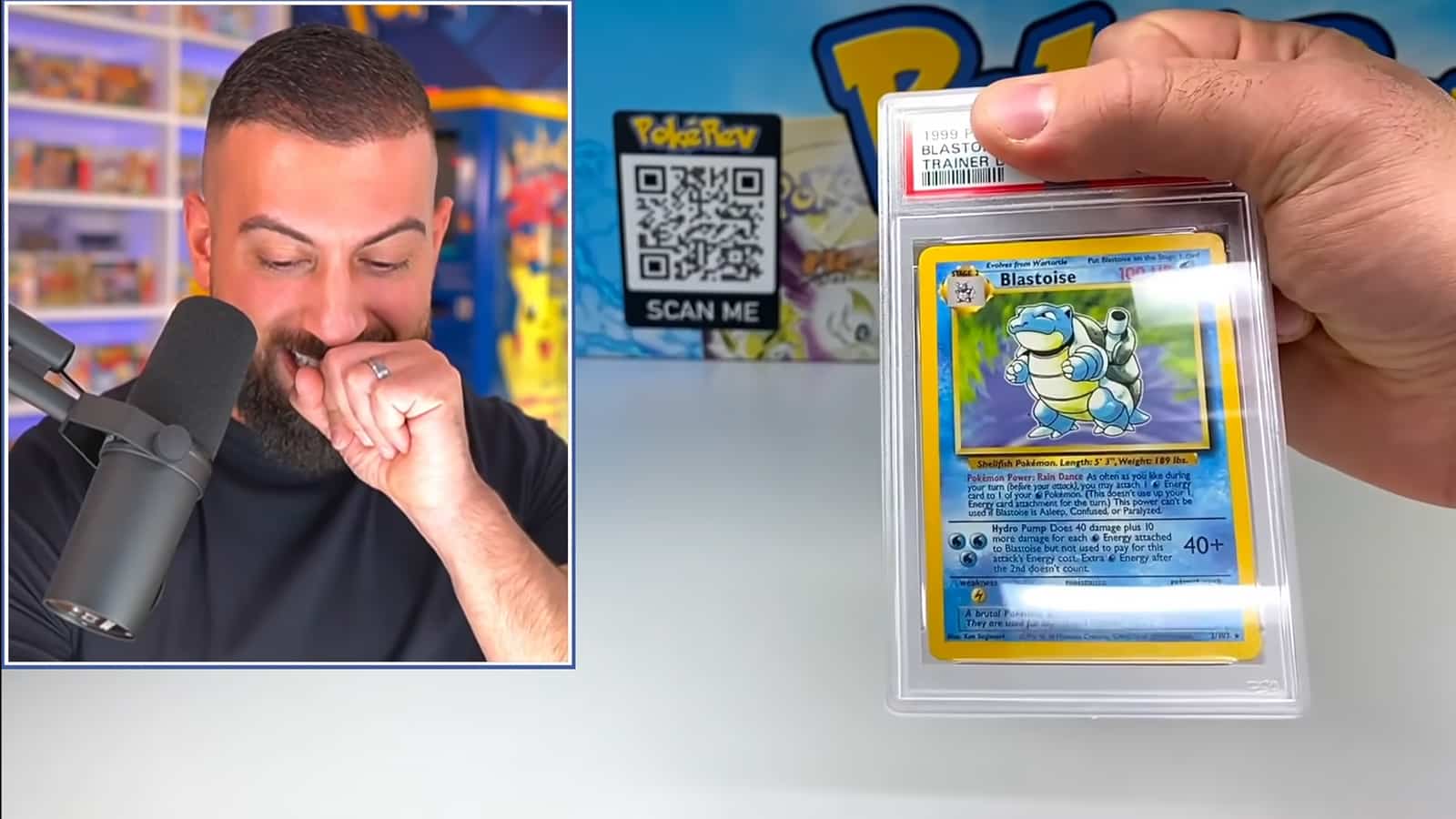 Pokemon YouTuber PokeRev holding rare Blastoise Pokemon Card screenshot.