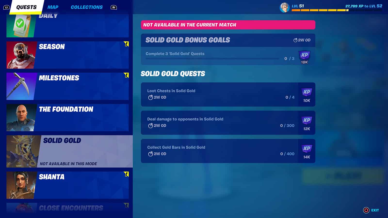 A menu showing the Solid Gold quests in Fortnite